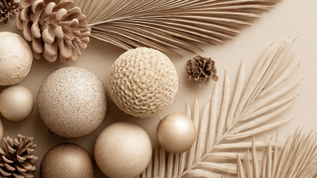 Scandinavian-inspired Christmas scene with beige tones, natural greenery, and clean design.の写真素材