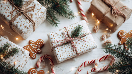 Warm red Christmas background enhanced with fairy lights and soft bokeh for a luxurious seasonal mood.の写真素材