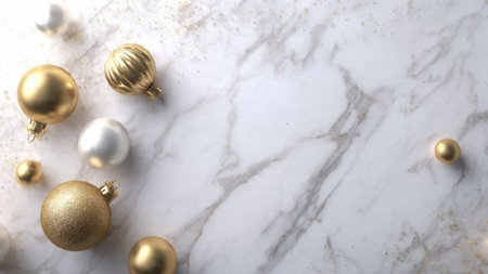 A realistic holiday background showcasing decorated Christmas ornaments against a marble background with glowing lights.の写真素材