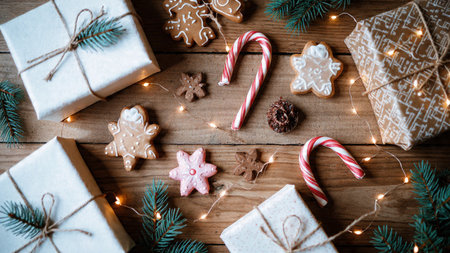 Christmas background highlighting natural wooden textures.の写真素材