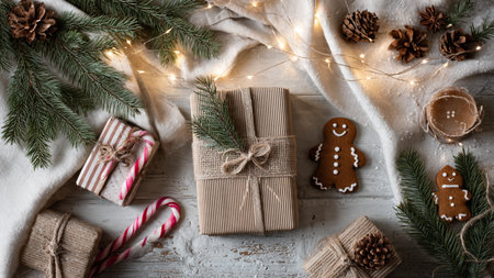 Modern neutral Christmas background with clean lines and natural materials.の写真素材