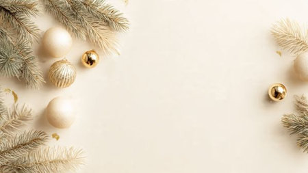 A clean minimalist Christmas background featuring soft beige and ivory tones, pine branches, subtle gold ornaments, and spacious copy space with premium natural lighting.の写真素材