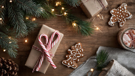 Detailed festive Christmas tree background with bokeh lights.の写真素材