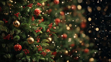 Christmas tree with red and gold balls on blurred bokeh backgroundの写真素材