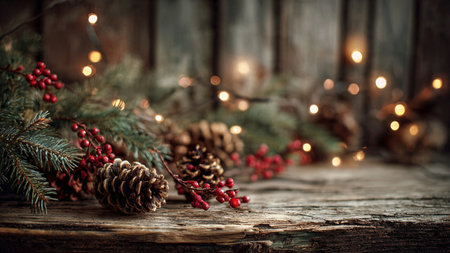 Natural rustic holiday backdrop with pine cones and greenery.の写真素材