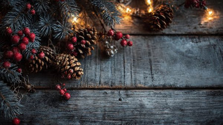 Rustic Christmas background with earthy tones and warm festive glow.の写真素材