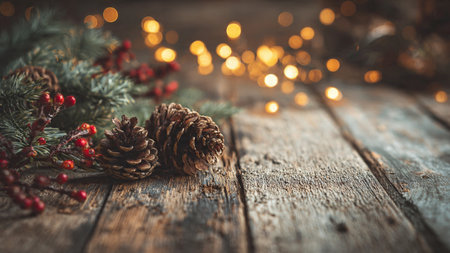 Traditional rustic Christmas background with textured wooden surface.の写真素材