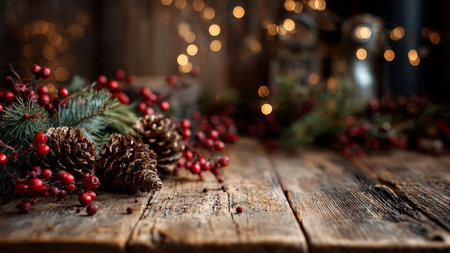 Warm rustic holiday background with traditional Christmas decor.の写真素材