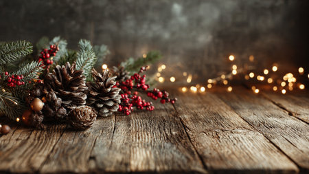Rustic Christmas scene with warm illumination and organic textures.の写真素材