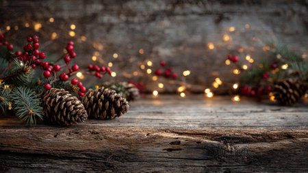 High-detail rustic holiday background with festive elements.の写真素材