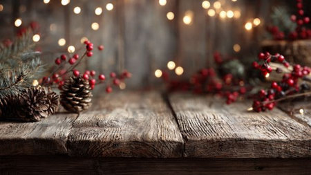 Festive rustic holiday background with earthy tones and soft fairy light illumination.の写真素材