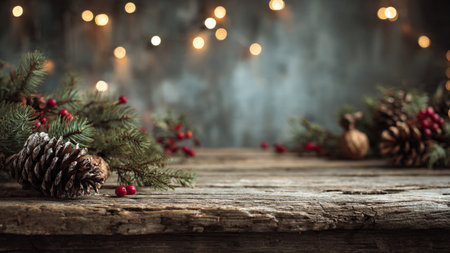 Warm rustic holiday background with natural wooden surface, festive pine elements, red berries, and soft Christmas lighting.の写真素材