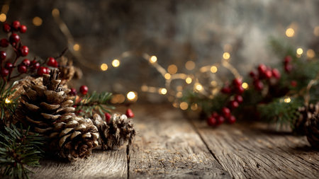 Warm rustic Christmas table background with fir greenery and red berries.の写真素材