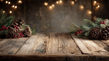 Warm rustic Christmas design with wooden tabletop and cozy festive lighting.の写真素材