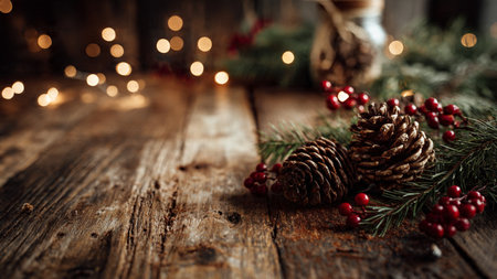Traditional rustic winter backdrop with pine cones and fir branches.の写真素材