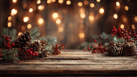 Rustic winter Christmas background with classic seasonal elements.の写真素材