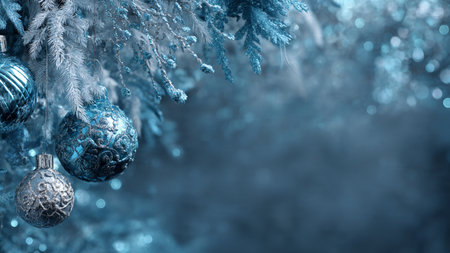 Blue Christmas background with fir branches, blue balls and snowflakesの写真素材