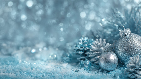Luxury winter backdrop with icy blue textures and glowing festive lights.の写真素材