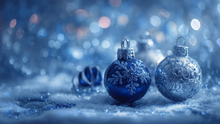 Sophisticated Christmas background showcasing silver decorations on icy blue textures with a refined winter mood.の写真素材