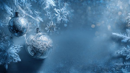 Clean and elegant winter background with silver ornaments and frosted blue surfaces.