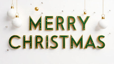 Elegant Merry Christmas typography featuring refined metallic lettering with a soft cinematic glow...