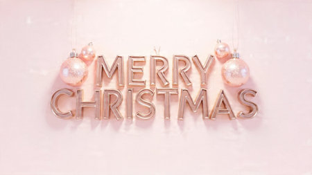 Elegant Merry Christmas typography in champagne-gold tones with ivory ornaments and warm glow.の写真素材
