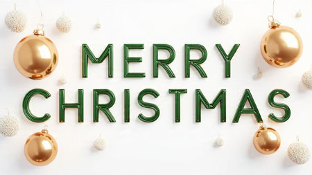 Elegant Merry Christmas typography in platinum tones with pearl white ornaments.