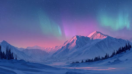 Tranquil winter night with aurora borealis lighting the snowy horizon.