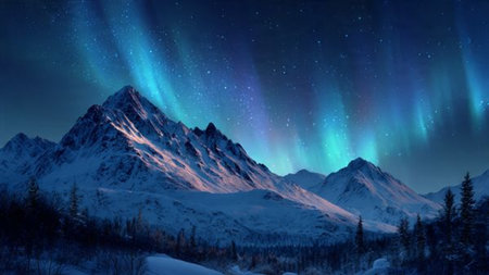 Silent mountain night with shimmering aurora borealis across the sky.