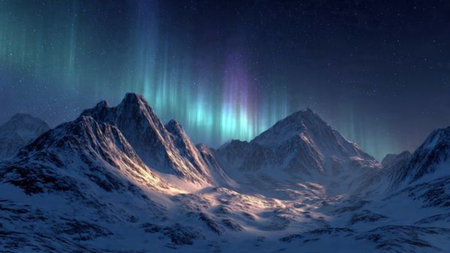 Silent winter landscape illuminated by soft aurora light patterns.