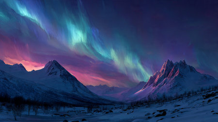 Snow-covered mountain ranges highlighted by vibrant aurora patterns.