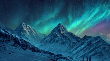 Snowy alpine night with vibrant auroras painting the sky.