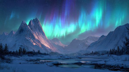 Majestic winter panorama with radiant auroras and icy terrain.