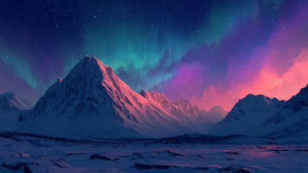 Snowy mountain silhouettes highlighted by radiant auroras overhead.