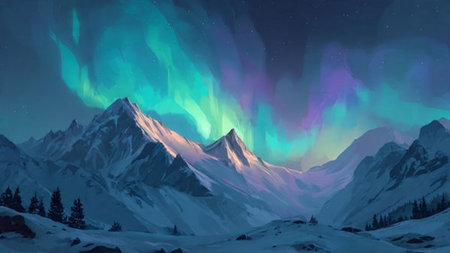 Majestic snowy landscape under a sky filled with dancing aurora lights.