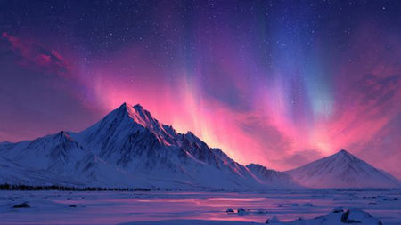 Snow-covered alpine scene under a radiant aurora-filled sky.