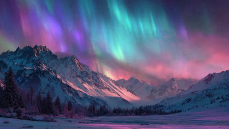 Snow-covered mountains under a brilliant aurora-filled sky.