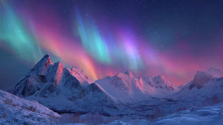 Tranquil winter scenery with radiant auroras above icy mountain slopes.