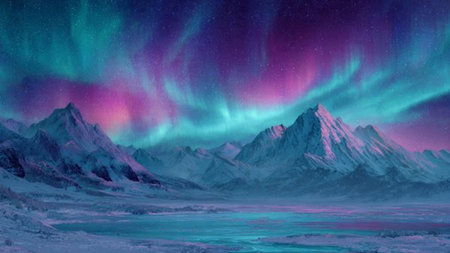 Tranquil arctic winter scene illuminated by flowing northern lights.