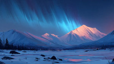 Tranquil winter scenery with radiant auroras above icy mountain slopes.