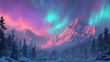Snowy mountain landscape illuminated by vibrant aurora borealis at night.