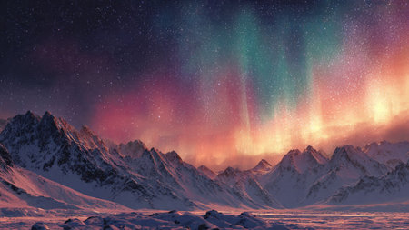 Silent winter night scene featuring glowing auroras above frozen ridges.