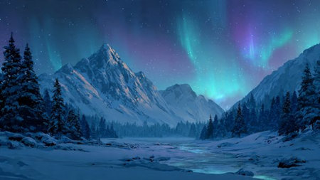 Cold winter night scene with glowing auroras reflecting on icy mountain slopes.の写真素材