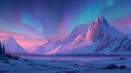 Arctic night landscape with snow-covered mountains and glowing auroras.