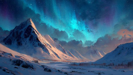 Peaceful snowy peaks illuminated by luminous aurora ribbons.