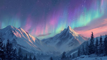Serene winter night scene with glowing aurora dancing above icy mountain peaks.