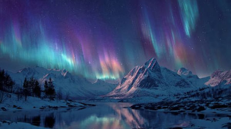Snowy peaks glowing beneath radiant northern lights at night.