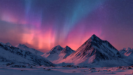 Calm winter landscape with radiant auroras lighting the sky.