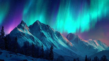 Peaceful winter landscape illuminated by colorful northern lights at night.