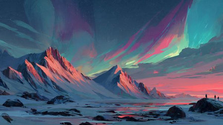 Snowy peaks glowing beneath radiant northern lights at night.